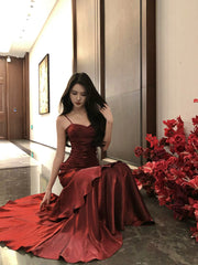 Wine Red Long Mermaid Straps Evening Dress Formal Dress, Wine Red Satin Prom Dress