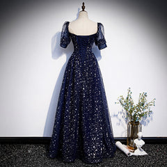 Navy Blue Short Sleeves Sweetheart Long Party Dress, A-line Blue Evening Gown