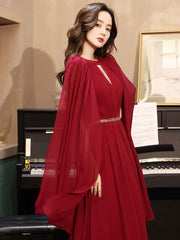 Burgundy Aline chiffon long prom dress, burgundy evening dress