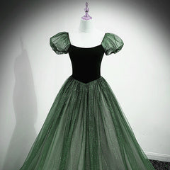 Green Shiny Tulle Short Sleevse Long Formal Dress, Green A-line Prom Dress Party Dress