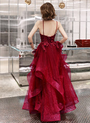 Wine Red Shiny Tulle Layers Straps Party Dress with Lace, V-neckline Prom Dress
