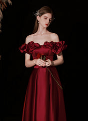 A-line Satin Simple Off Shoulder Floor Length Party Dress, Wine Red Long Prom Dress