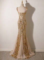 Champagne Mermaid Sequins Straps Long Party Dress, Champagne Prom Dress