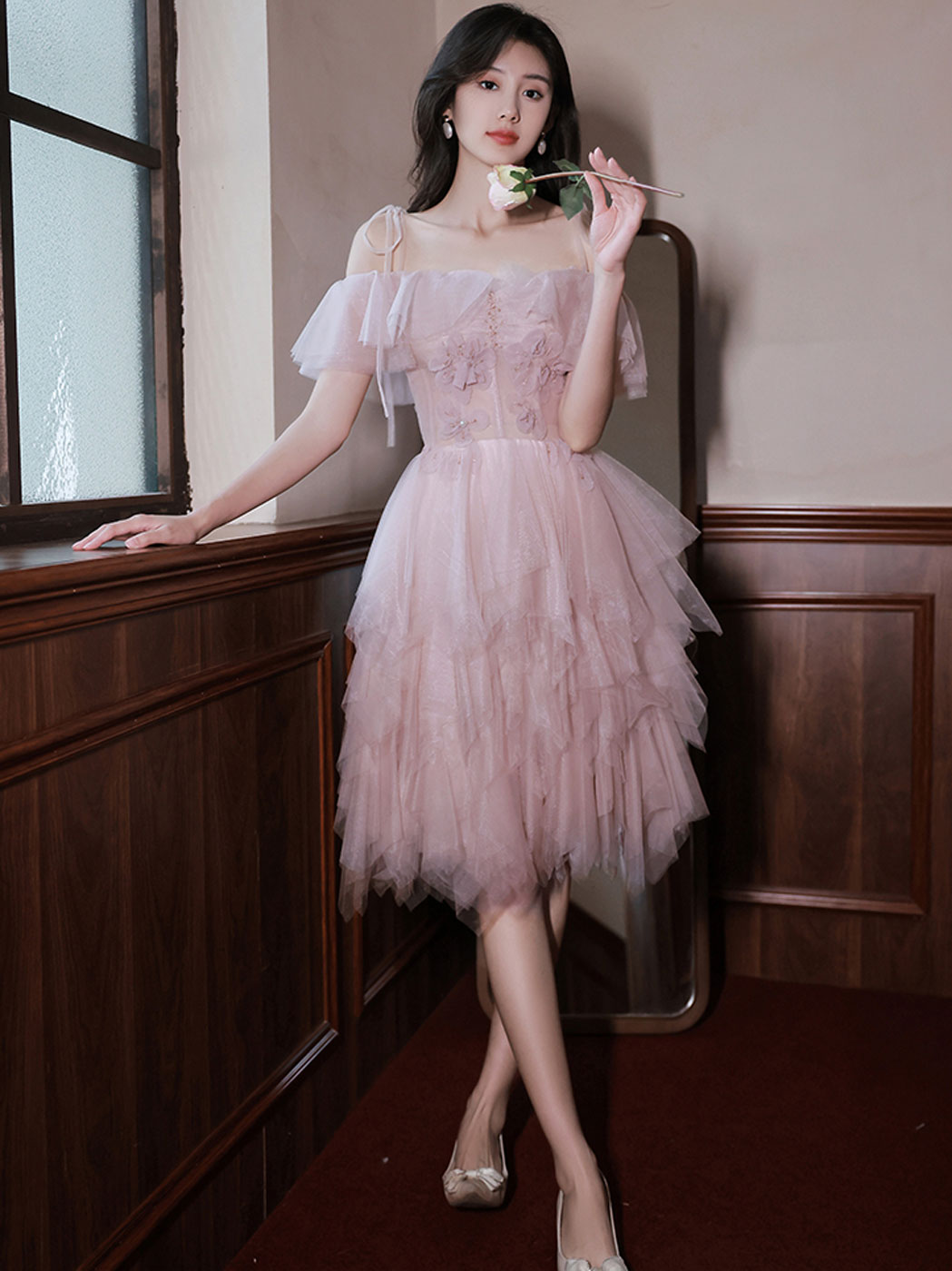 Pink tulle off shoulder short prom dress pink cocktail dress