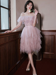 Pink tulle off shoulder short prom dress pink cocktail dress