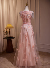Pink V-neckline Tulle Beaded with Lace Applique Prom Dress, Pink Party Dress