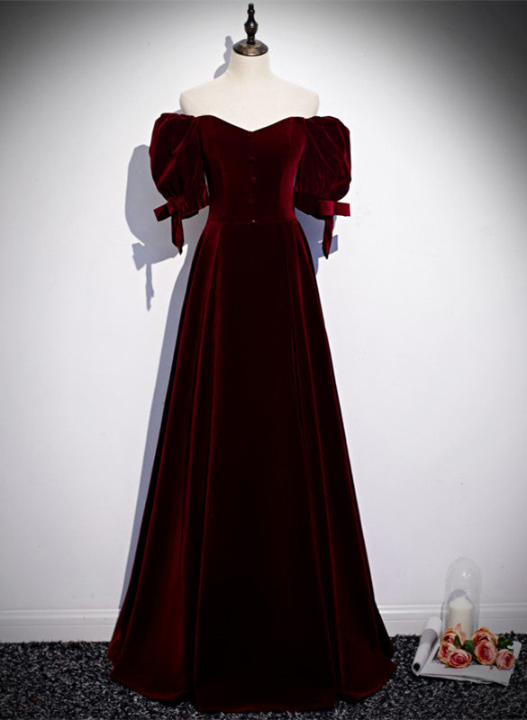 Wine Red Velvet Short Sleeves Long Party Dress, Wine Red Evening Prom Dress