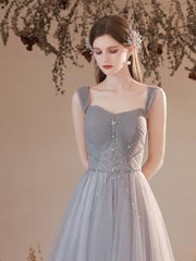 Grey Beaded Sweetheart Tulle A-line Off Shoulder Evening Dress, Grey Floor Length Prom Dress