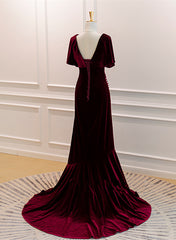 Wine Red Velvet Long Wedding Party Dress with Leg Slit, Wine Red Formal Dress