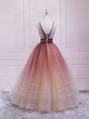 Simple v neck burgundy tulle long prom dress, tulle formal dress