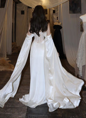 White Satin A-line Long Scoop Long Evening Dress, White Satin Prom Dress