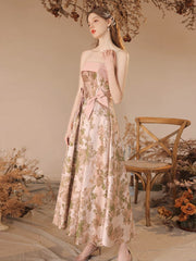 Simple A-Line Satin Tea Length Pink Prom Dress, Pink Formal Dress
