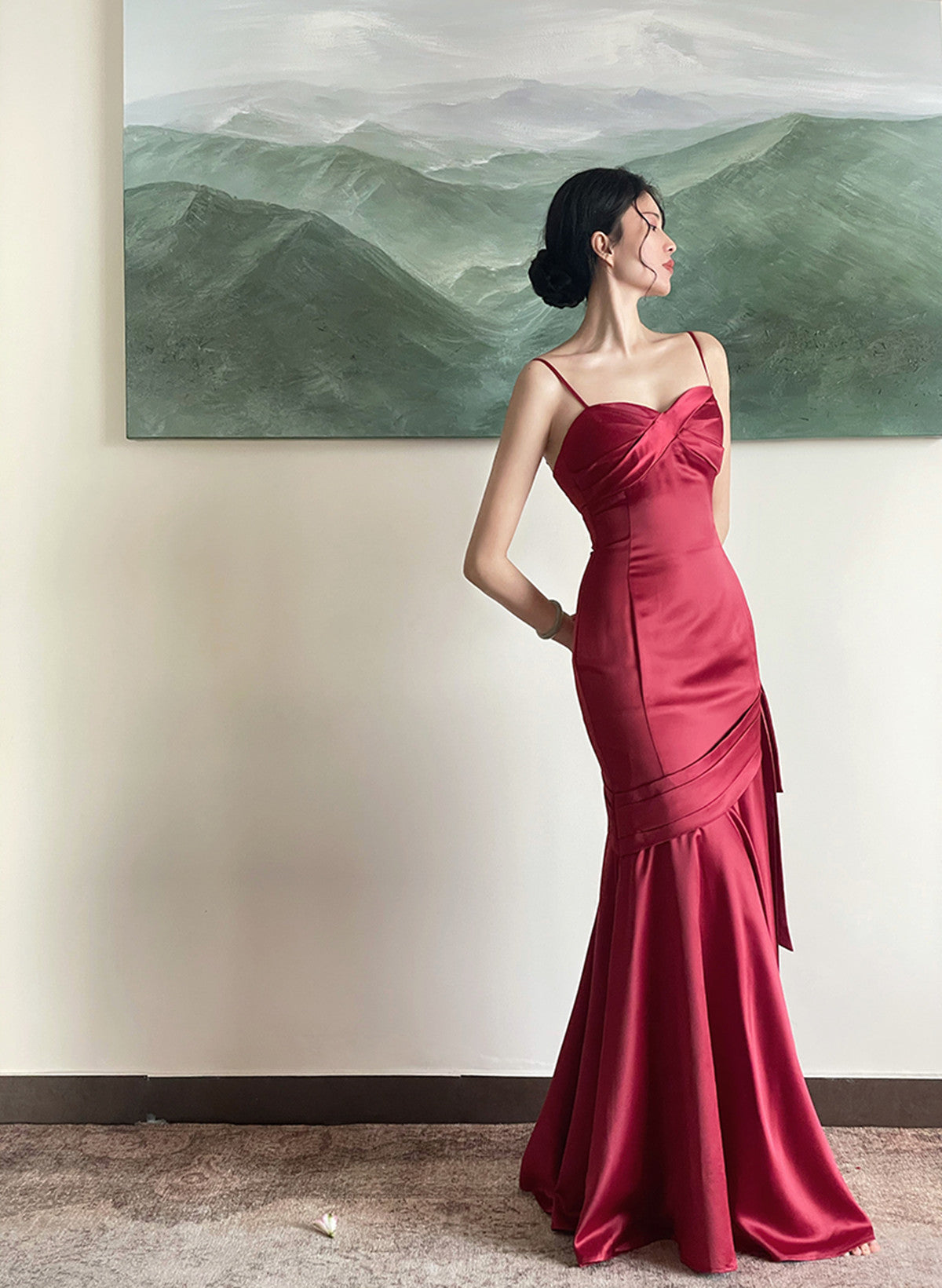 Wine Red Satin Sweetheart Straps Prom Dress, Wine Red Long Evening Dress