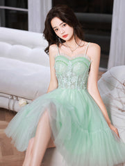 Light Green Sweetheart Tulle Beaded Straps Homecoming Dress, Green Prom Dress