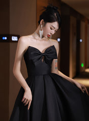 Black Satin High Low Sweetheart Homecoming Dress, Black Short Party Dress with Bow