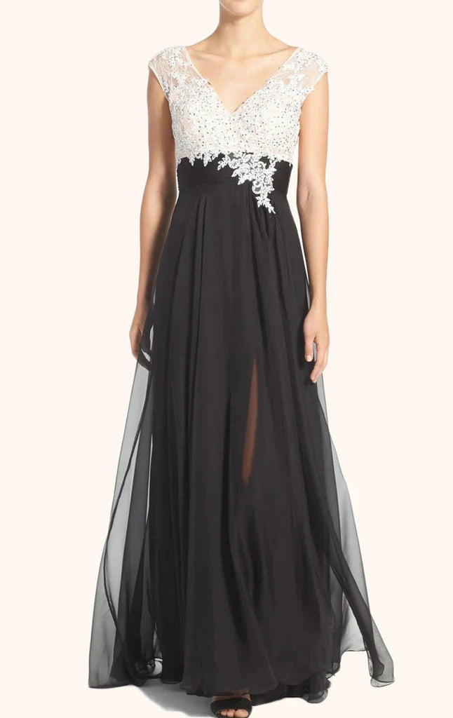 Sleeves V Neck Lace Chiffon Long Mother of the Brides Dress