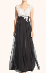 Sleeves V Neck Lace Chiffon Long Mother of the Brides Dress