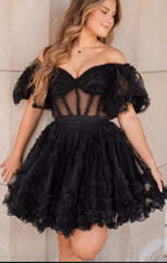 Pink Off-the-Shoulder Ruffles Puff Sleeves Homecoming Dress,Party Dress SH603