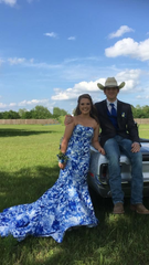 Unique Blue Print Strapless Long Mermaid Prom Dress Evening Dress SH1089