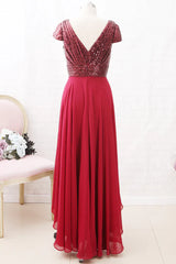 Sleeves V Neck Sequin Chiffon High Low Mother of the Brides Dress