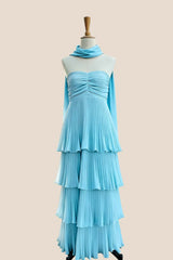 Yellow Pleated Tiered Maxi Dress with Scarf Long Prom Dresses