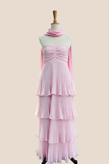 Yellow Pleated Tiered Maxi Dress with Scarf Long Prom Dresses