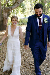 Beautiful V Neck Sheath Floor Length Lace V Back Beach Wedding Dresses