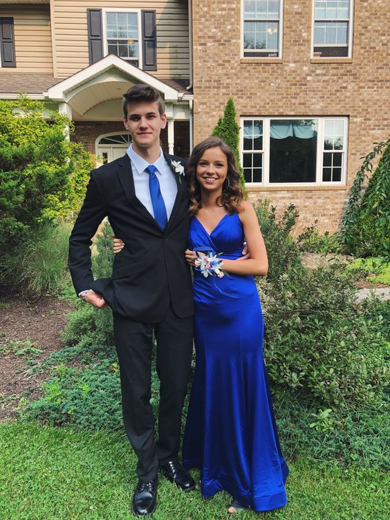 Spaghetti Straps V Neck Satin Blue Long Mermaid Prom Dress Evening Dress SH1071