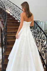 A-Line Ivory Strapless Sweep Train Princess Bride Dress with Applique