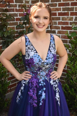 Ombre purple Tulle Appliques A Line Prom Dress Long Evening Dress SH990