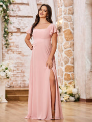 Square Neck Fluttering Sleeve Chiffon Long Dresses Dusty Rose