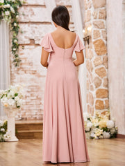 Square Neck Fluttering Sleeve Chiffon Long Dresses Dusty Rose