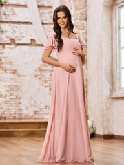 Square Neck Fluttering Sleeve Chiffon Long Dresses Dusty Rose