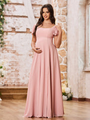 Square Neck Fluttering Sleeve Chiffon Long Dresses Dusty Rose