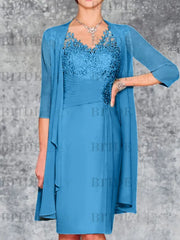 Two Piece Ruffle Chiffon Mother of the Bride Outfit Lace Short Wedding Guest Dress