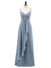Chiffon Bridesmaid Dresses with Cascade Skirt-Dusty Blue