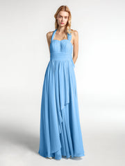 Halter Chiffon Dresses with Cascade Skirt-Blue