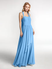 Halter Chiffon Dresses with Cascade Skirt-Blue
