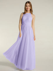 Illusion Neck Corss Waist Tulle Dresses-Lilac
