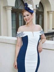Off-the-Shoulder Applique Sheath Dress Navy Blue
