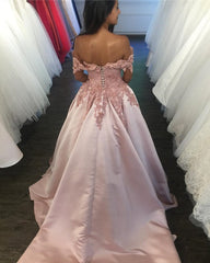 Off Shoulder Satin Ball Gown Lace Flowers Beaded Dress