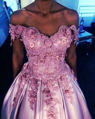 Off Shoulder Satin Ball Gown Lace Flowers Beaded Dress