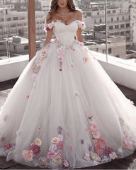Off Shoulder Tulle Ball Gown Wedding Dresses Floral Flowers Beaded
