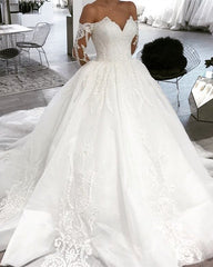 Off Shoulder V-neck Tulle Ball Gown Wedding Dress Lace Appliques