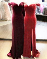 Velvet Mermaid Slit Bridesmaid Dresses Off Shoulder