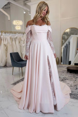 Off-the-Shoulder Satin Wedding Dress Aline Long Sleeves Lace Bridal Dress with Split