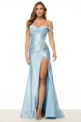 Off-Shoulder Corset Crystal Beaded Floral Applique High Slit Sky Blue Satin Mermaid Chapel Train Prom Dresses