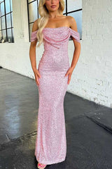 Off Shoulder Mermaid Sequin Prom Dress Floor Length Party Outfit