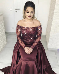 Long Sleeves Lace Off Shoulder Mermaid Prom Dresses