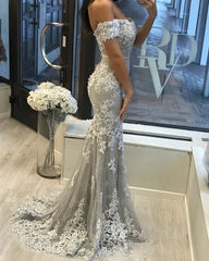 Off The Shoulder Lace Mermaid Prom Dresses With Slit